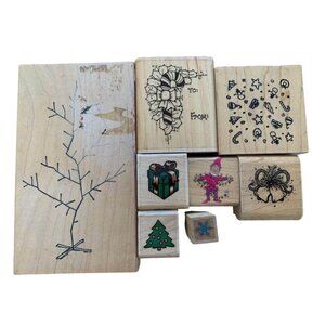 Wooden Christmas-Themed Rubber Stamps Including Tree & Festive Icons